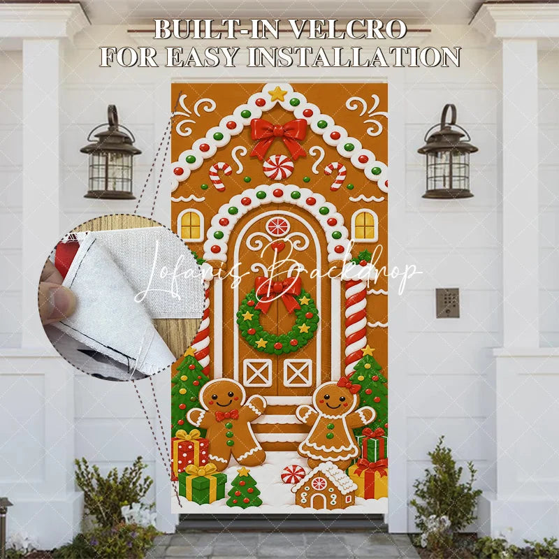 Lofaris Sweet Gingerbread House Christmas Door Cover with Candy Man and Woman Festive Holiday Decor