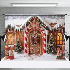 Lofaris Sweet Gingerbread House Christmas Holiday Backdrop with Snow Covered Roof and Candy Trees Winter Wonderland Party Decor