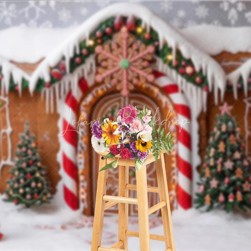 Lofaris Sweet Gingerbread House Christmas Holiday Backdrop with Snow Covered Roof and Candy Trees Winter Wonderland Party Decor