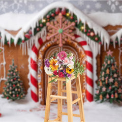 Lofaris Sweet Gingerbread House Christmas Holiday Backdrop with Snow Covered Roof and Candy Trees Winter Wonderland Party Decor