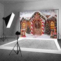 Lofaris Sweet Gingerbread House Christmas Holiday Backdrop with Snow Covered Roof and Candy Trees Winter Wonderland Party Decor
