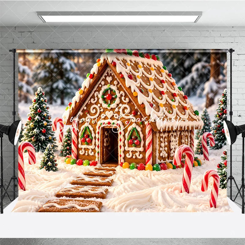 Lofaris Sweet Gingerbread House Holiday Backdrop with Snowy Winter Forest and Candy Canes Festive Christmas Party Decor