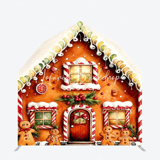 Lofaris Sweet Gingerbread House with Candy Cane Icing Barn Door Arch Backdrop Festive Christmas Holiday Decor