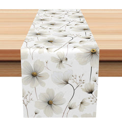 Lofaris Sweet Hand Drawn Floral Table Runner in Soft White and Gray Elegant Botanical Sketch Minimalist Wedding Decor