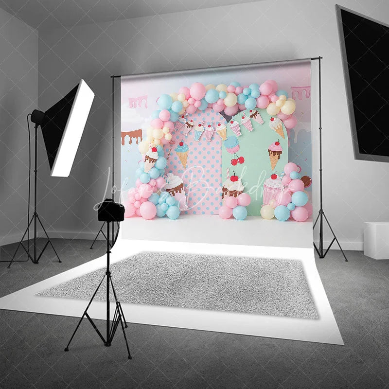 Lofaris Sweet Ice Cream Shop Arch Backdrop Pastel Milkshake for Birthday Party Cake Smash