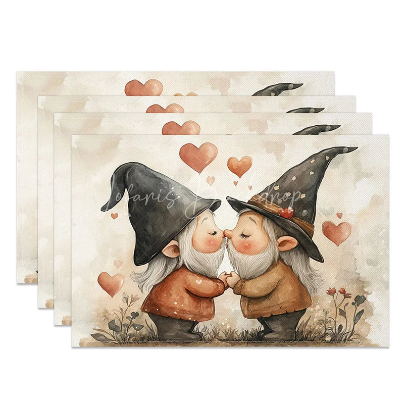 Lofaris Sweet Kissing Gnome Set of 4 Placemats Black Hat Valentine Decoration Watercolor Heart Dining Table Mat
