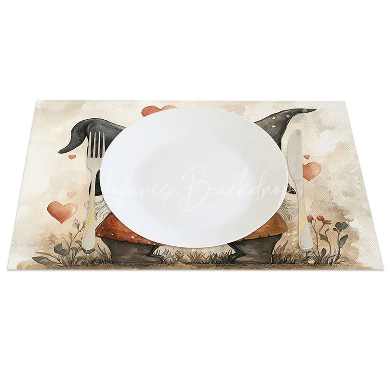 Lofaris Sweet Kissing Gnome Set of 4 Placemats Black Hat Valentine Decoration Watercolor Heart Dining Table Mat