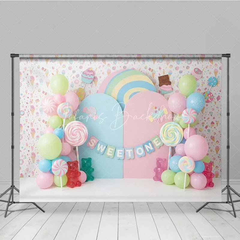 Lofaris Sweet One Candy Photography Backdrop Pastel Lollipops and Gummy Bears Party Decor