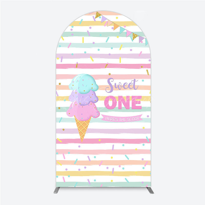 Lofaris Sweet One First Birthday Arch Backdrop for Girl Ice Cream Cone and Sprinkles Pastel Here’s The Scoop Party Banner