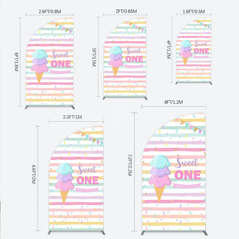 Lofaris Sweet One First Birthday Half Moon Arch Backdrop for Girl Ice Cream Cone and Sprinkles Pastel Here’s The Scoop Party Banner
