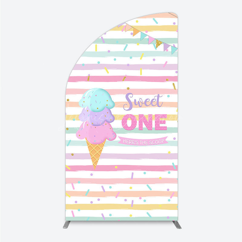 Lofaris Sweet One First Birthday Half Moon Arch Backdrop for Girl Ice Cream Cone and Sprinkles Pastel Here’s The Scoop Party Banner