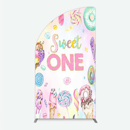 Lofaris Sweet One First Birthday Half Moon Arch Backdrop Ice Cream and Candy Land Party Girls Donut Lollipop Photo Prop Decor