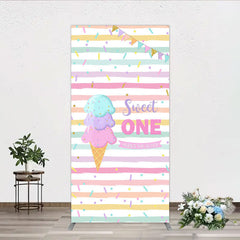 Lofaris Sweet One First Birthday Rectangle Backdrop for Girl Ice Cream Cone and Sprinkles Pastel Here’s The Scoop Party Banner
