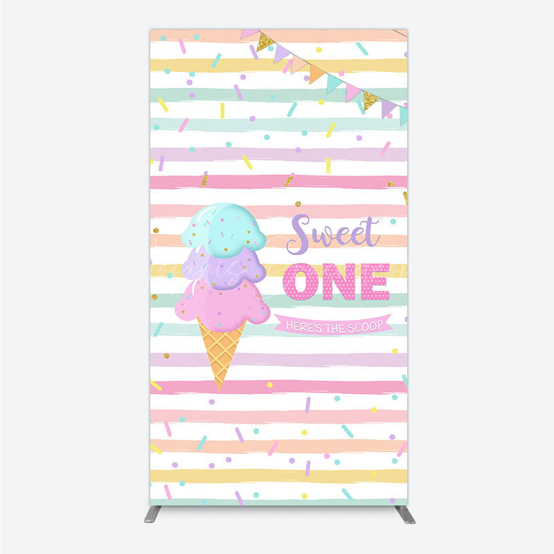 Lofaris Sweet One First Birthday Rectangle Backdrop for Girl Ice Cream Cone and Sprinkles Pastel Here’s The Scoop Party Banner