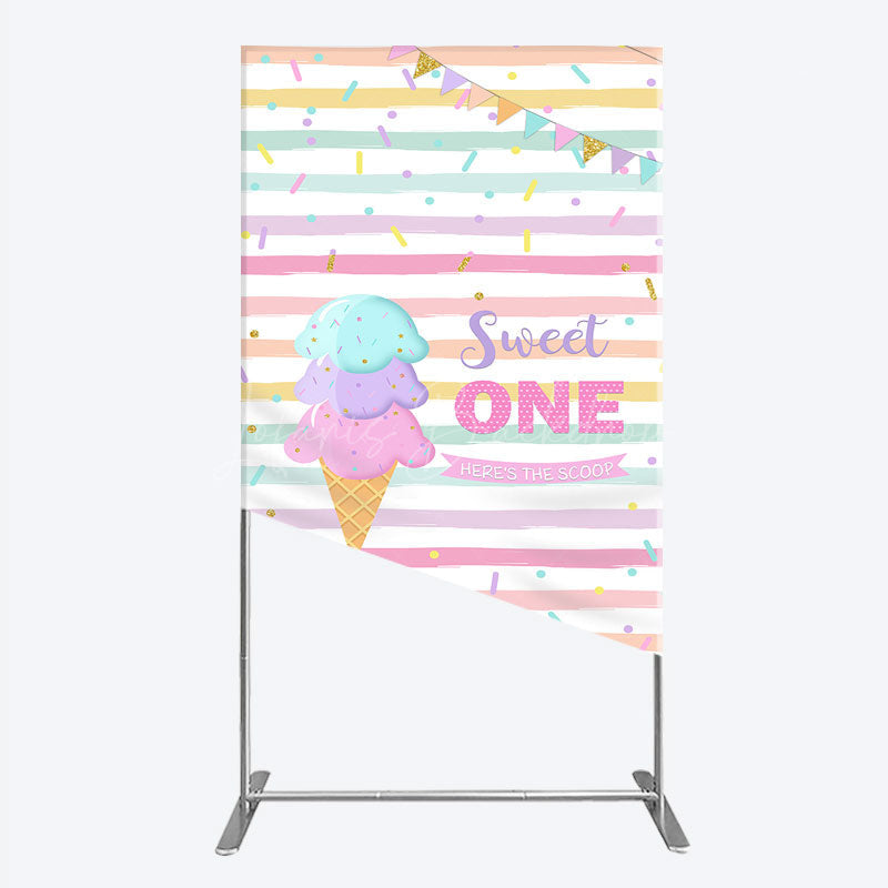 Lofaris Sweet One First Birthday Rectangle Backdrop for Girl Ice Cream Cone and Sprinkles Pastel Here’s The Scoop Party Banner