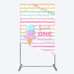 Lofaris Sweet One First Birthday Rectangle Backdrop for Girl Ice Cream Cone and Sprinkles Pastel Here’s The Scoop Party Banner
