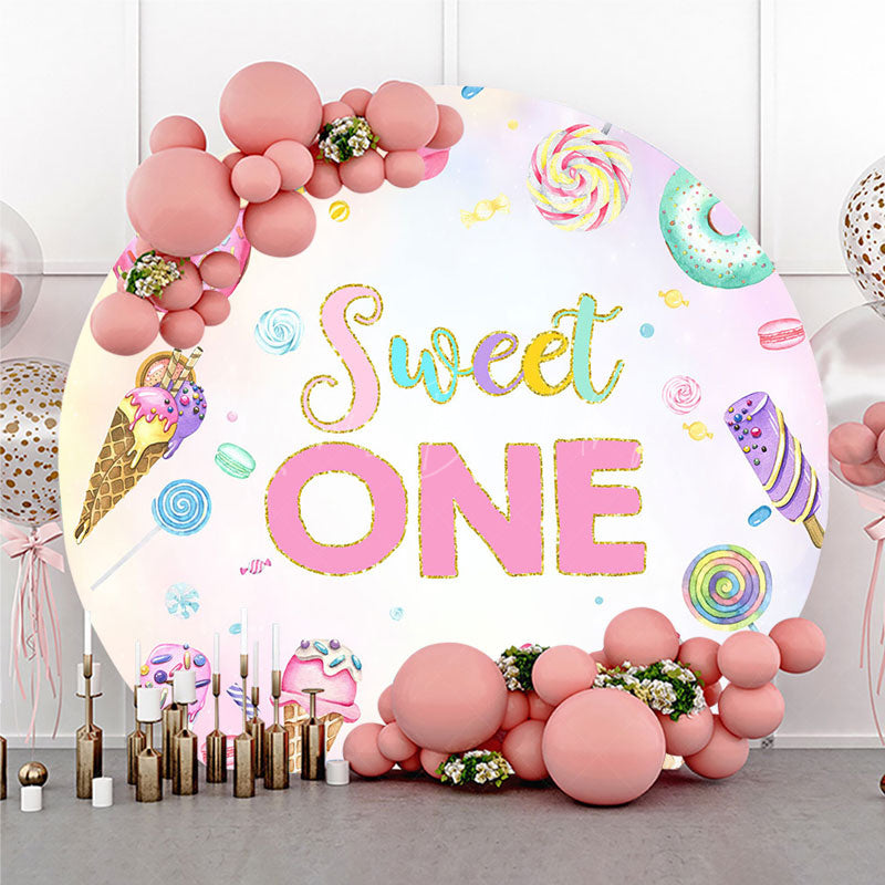 Lofaris Sweet One First Birthday Round Backdrop Ice Cream and Candy Land Party Girls Donut Lollipop Photo Prop Decor