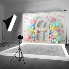 Lofaris Sweet Pastel Candy Land First Birthday Photography Backdrop Lollipops Balloons and ONE Arch Decor