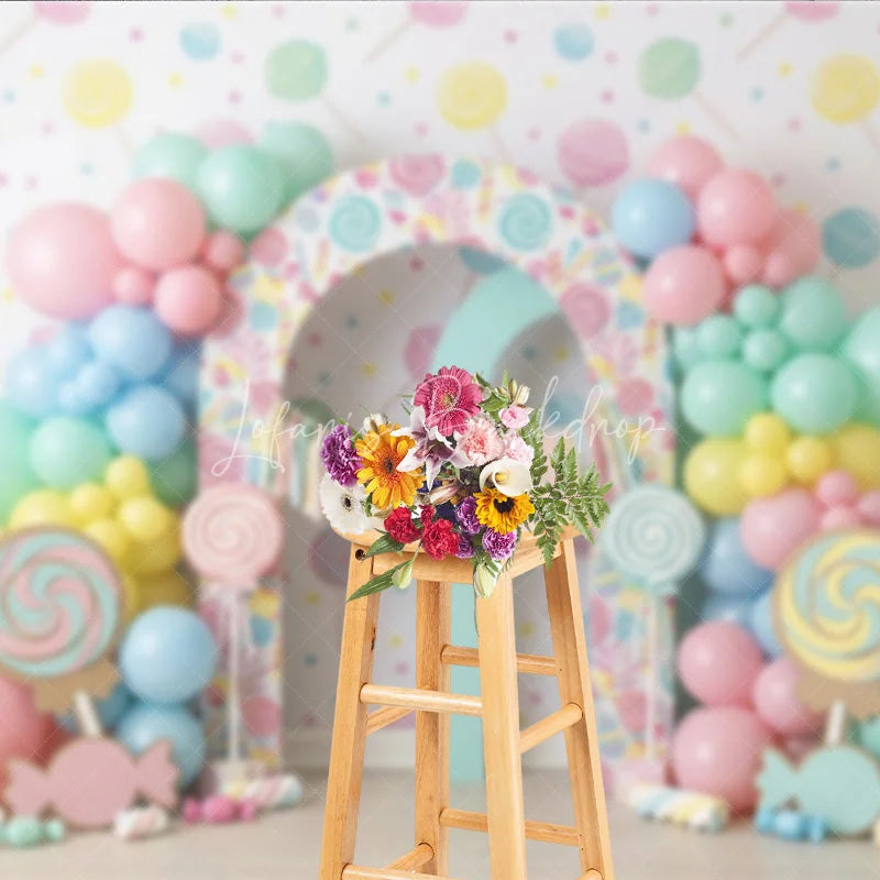 Lofaris Sweet Pastel Candy Land First Birthday Photography Backdrop Lollipops Balloons and ONE Arch Decor