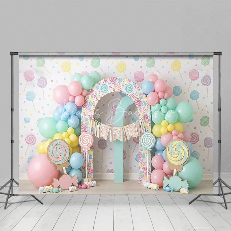 Lofaris Sweet Pastel Candy Land First Birthday Photography Backdrop Lollipops Balloons and ONE Arch Decor