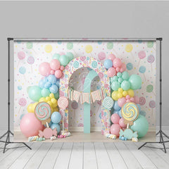 Lofaris Sweet Pastel Candy Land First Birthday Photography Backdrop Lollipops Balloons and ONE Arch Decor