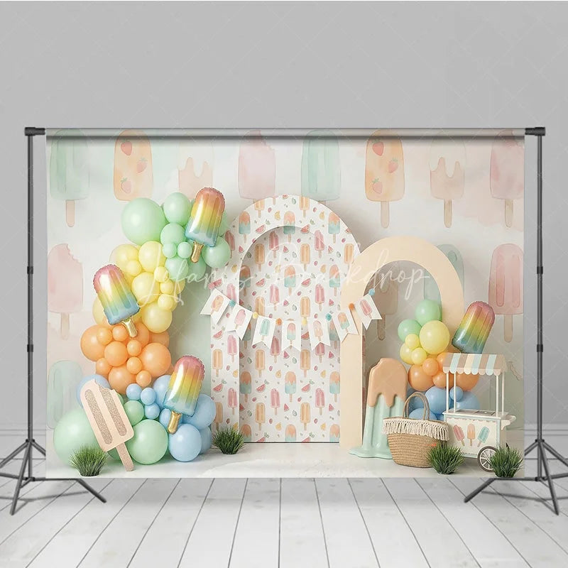 Lofaris Sweet Pastel Watercolor Popsicle Photography Backdrop Summer Ice Cream Birthday Party Decor with Balloon Garland