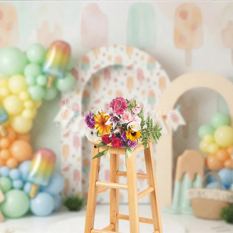 Lofaris Sweet Pastel Watercolor Popsicle Photography Backdrop Summer Ice Cream Birthday Party Decor with Balloon Garland