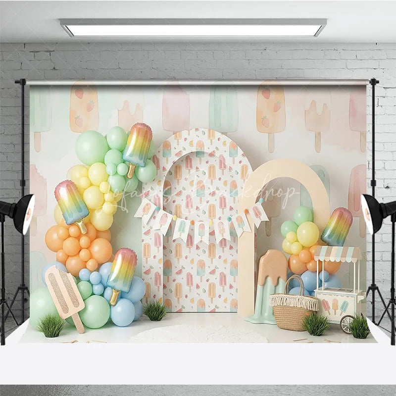 Lofaris Sweet Pastel Watercolor Popsicle Photography Backdrop Summer Ice Cream Birthday Party Decor with Balloon Garland