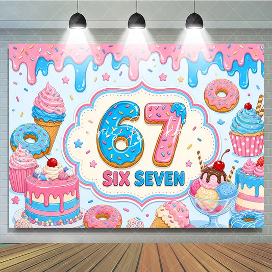 Lofaris Sweet Pink and Blue Donut 7th Birthday Backdrop featuring Cupcakes Ice Cream Candy Sprinkles for Party Decor