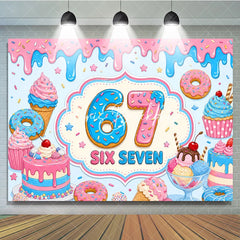 Lofaris Sweet Pink and Blue Donut 7th Birthday Backdrop featuring Cupcakes Ice Cream Candy Sprinkles for Party Decor