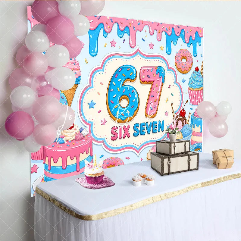 Lofaris Sweet Pink and Blue Donut 7th Birthday Backdrop featuring Cupcakes Ice Cream Candy Sprinkles for Party Decor
