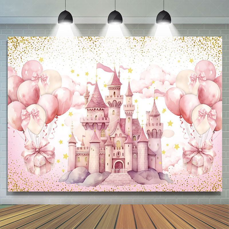 Lofaris Sweet Pink Balloon Castle Happy Birthday Backdrop