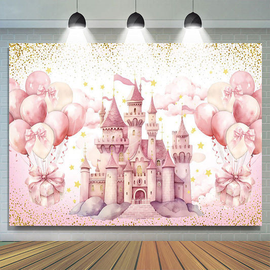 Lofaris Sweet Pink Balloon Castle Happy Birthday Backdrop