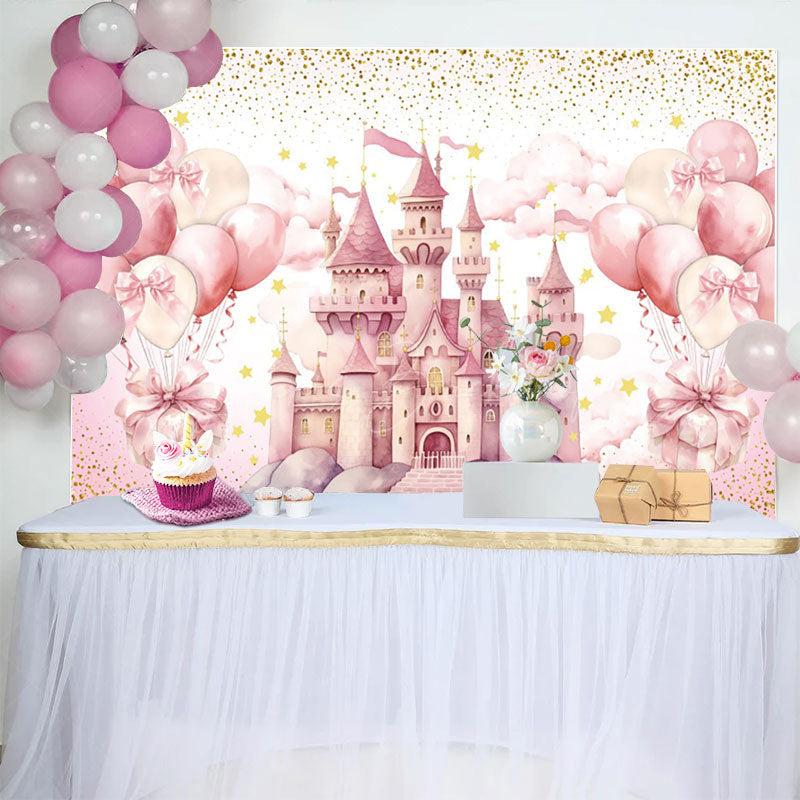 Lofaris Sweet Pink Balloon Castle Happy Birthday Backdrop