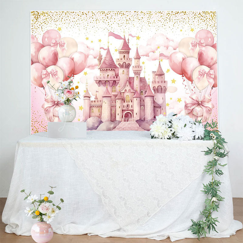 Lofaris Sweet Pink Balloon Castle Happy Birthday Backdrop