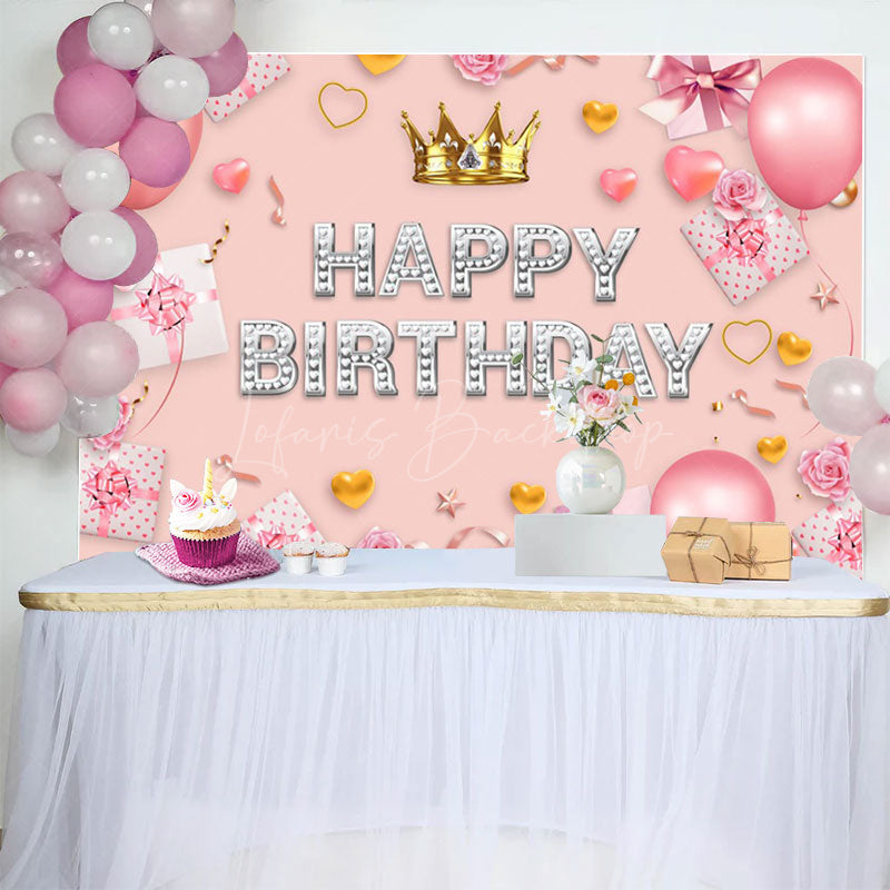 Lofaris Sweet Pink Crown Balloon Happy Birthday Backdrop