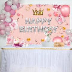Lofaris Sweet Pink Crown Balloon Happy Birthday Backdrop