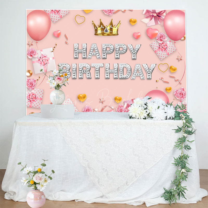 Lofaris Sweet Pink Crown Balloon Happy Birthday Backdrop