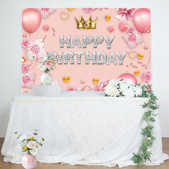 Lofaris Sweet Pink Crown Balloon Happy Birthday Backdrop