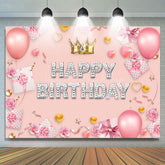 Lofaris Sweet Pink Crown Balloon Happy Birthday Backdrop