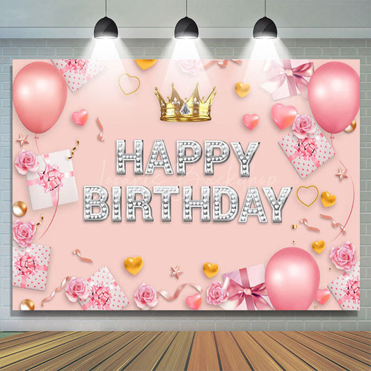 Lofaris Sweet Pink Crown Balloon Happy Birthday Backdrop