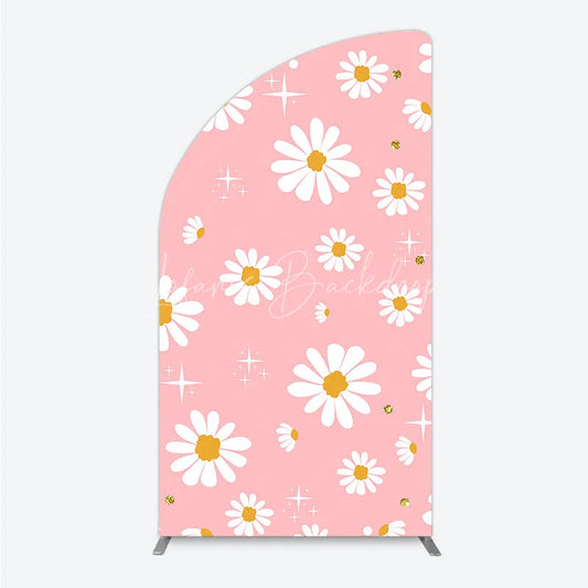 Lofaris Sweet Pink Daisy Flower Half Moon Arch Backdrop with Golden Glitter and Sparkles Perfect for Birthday Party Decor