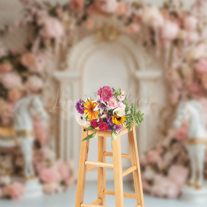 Lofaris Sweet Pink Floral Horses Elegant Wedding Backdrop