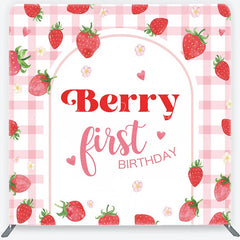 Lofaris Sweet Pink Gingham Strawberry Berry First Birthday Square Double-Sided Backdrop Cute Baby Shower Party Decor