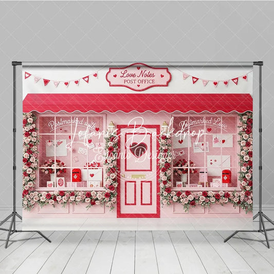 Lofaris Sweet Pink Love Notes Post Office Valentine’s Day Romantic Photography Backdrop Red Roses and Heart Banner Decor