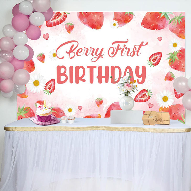 Lofaris Sweet Strawberry Girl Pink First Birthday Backdrop