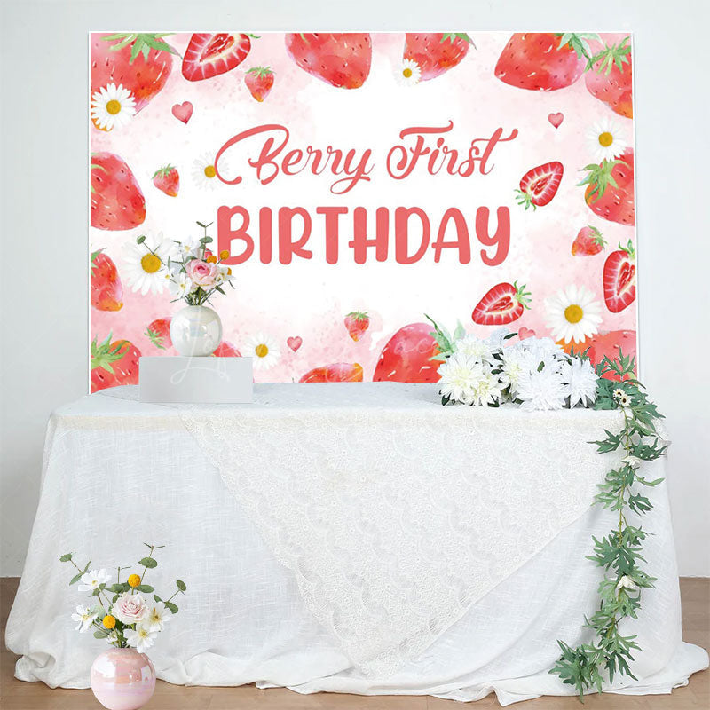 Lofaris Sweet Strawberry Girl Pink First Birthday Backdrop