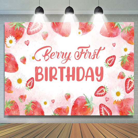 Lofaris Sweet Strawberry Girl Pink First Birthday Backdrop