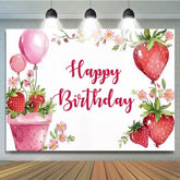 Lofaris Sweet Strawberry Happy Birthday Backdrop Summer Berry and Pink Balloons Fun Fruit Themed Party Photo Prop Decor