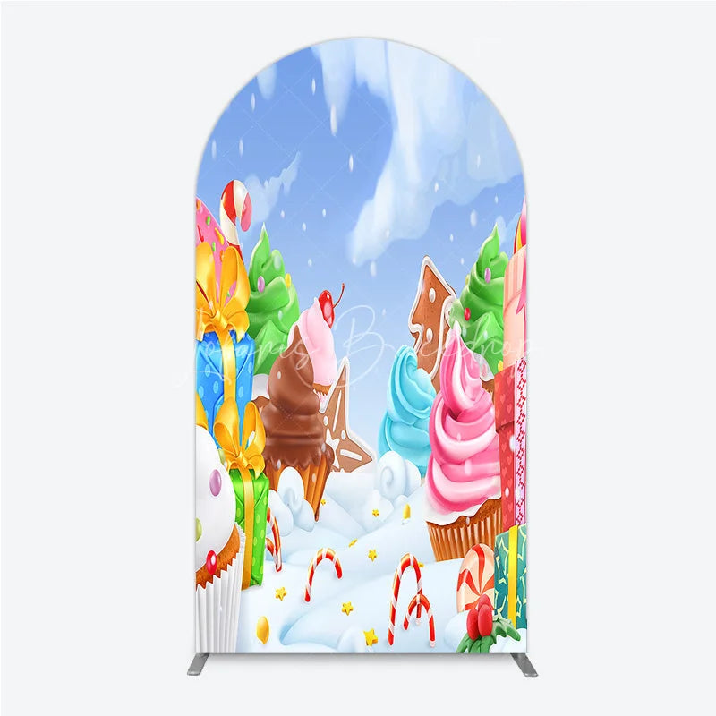 Lofaris Sweet Winter Wonderland Round Top Arch Backdrop with Cupcakes Gingerbread and Candy Canes for Holiday Party Decor